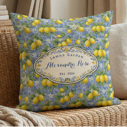Monogram Name Lemon Blue French Country Tile  Cushion