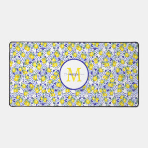 Monogram Name Lemon Blue French Country Tile Desk Mat