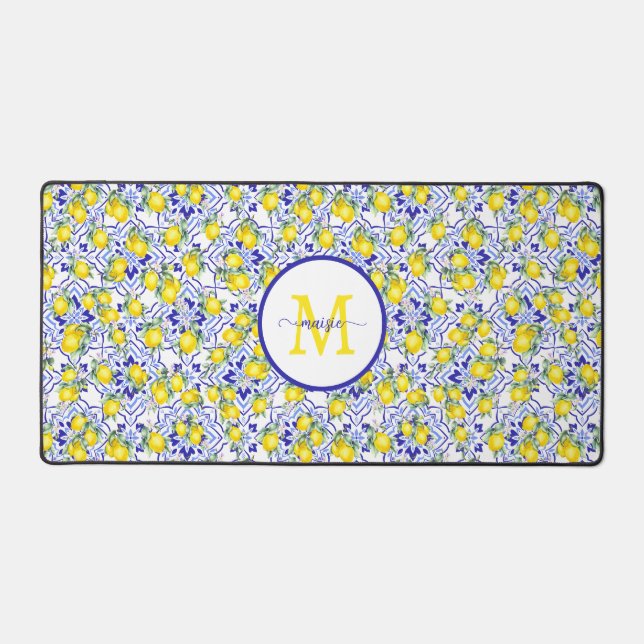 Monogram Name Lemon Blue French Country Tile  Desk Mat (Front)