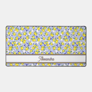 Monogram Name Lemon Blue French Country Tile Desk Mat