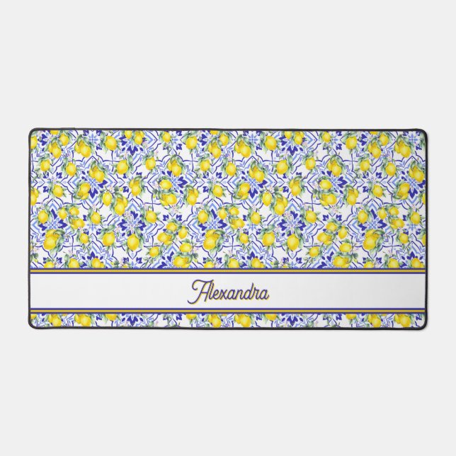 Monogram Name Lemon Blue French Country Tile  Desk Mat (Front)