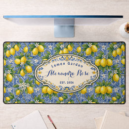 Monogram Name Lemon Blue French Country Tile  Desk Mat