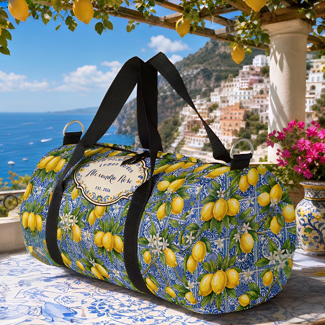 Monogram Name Lemon Blue French Country Tile  Duffle Bag (Creator Uploaded)