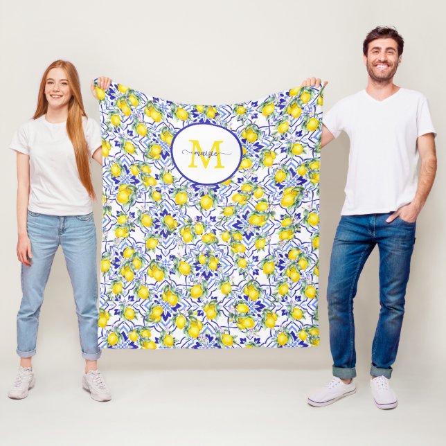 Monogram Name Lemon Blue French Country Tile  Fleece Blanket (In Situ)