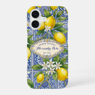 Monogram Name Lemon Blue French Country Tile iPhone 16 Case