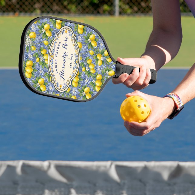Monogram Name Lemon Blue French Country Tile  Pickleball Paddle (Insitu)