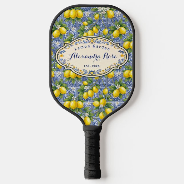 Monogram Name Lemon Blue French Country Tile  Pickleball Paddle (Front)