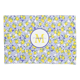 Monogram Name Lemon Blue French Country Tile Pillowcase