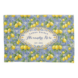 Monogram Name Lemon Blue French Country Tile  Pillowcase