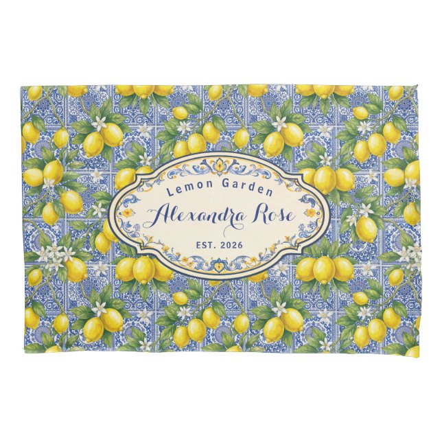 Monogram Name Lemon Blue French Country Tile  Pillowcase (Front)