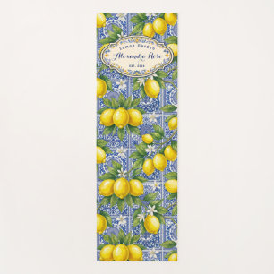Monogram Name Lemon Blue French Country Tile Yoga Mat
