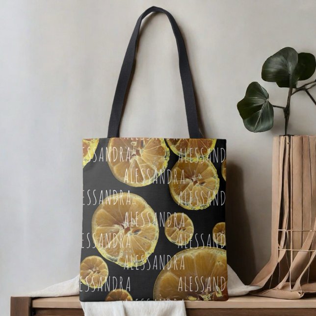 Monogram name lemon slices black yellow white  tote bag (Creator Uploaded)