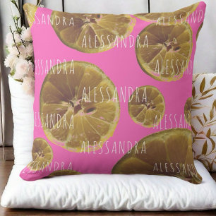 Monogram name lemon slices hot pink yellow girly cushion