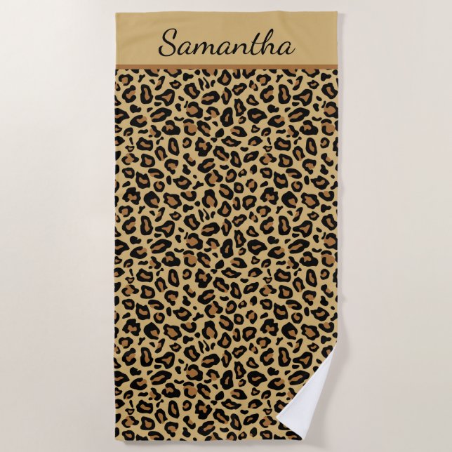 Monogram Name Leopard Print Cheetah Animal Pattern Beach Towel (Front)