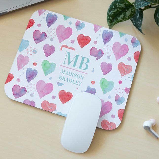 Monogram Name Love Heart Watercolor Girly Pattern Mouse Mat (Creator Uploaded)