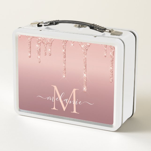 Monogram Name Lunch Box Rose Gold Blush Glitter  (Back)