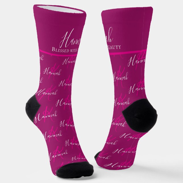 Monogram name meaning Hannah dark pink custom Socks (Angled)