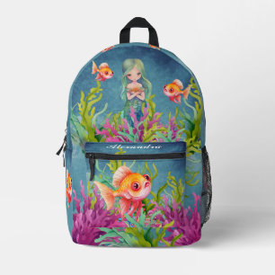 Monogram Name Mermaid Beach Teal Blue Printed Backpack