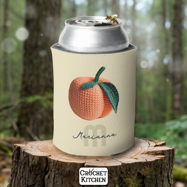 Monogram Name Minimal Modern Crochet Peach   Can Cooler (Creator Uploaded)