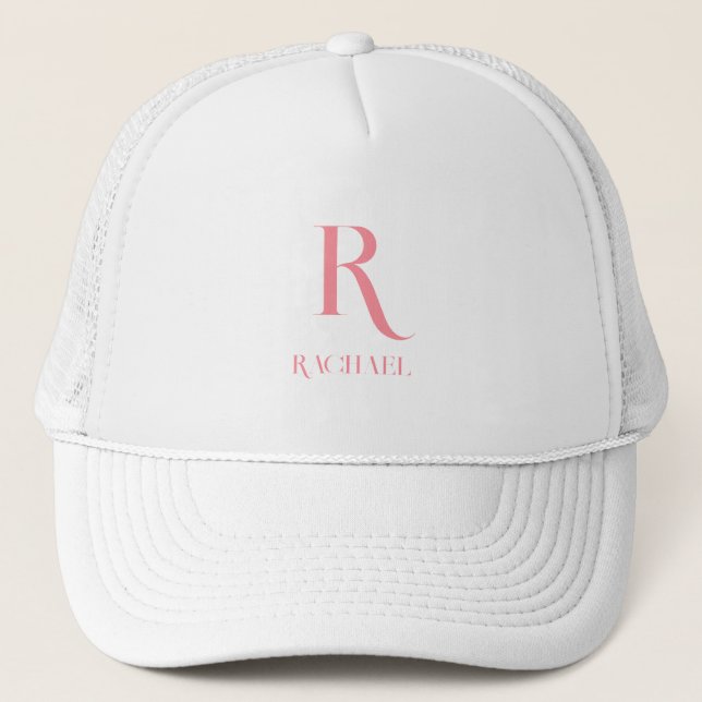Monogram Name Minimal Stylish Pink Trucker Hat (Front)