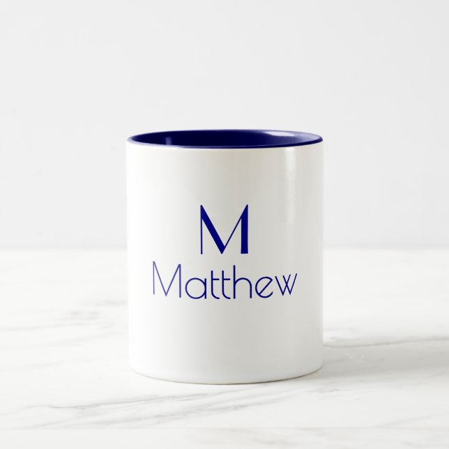 Monogram Name Minimalist Dark Blue Modern Two-Tone Coffee Mug (Center)