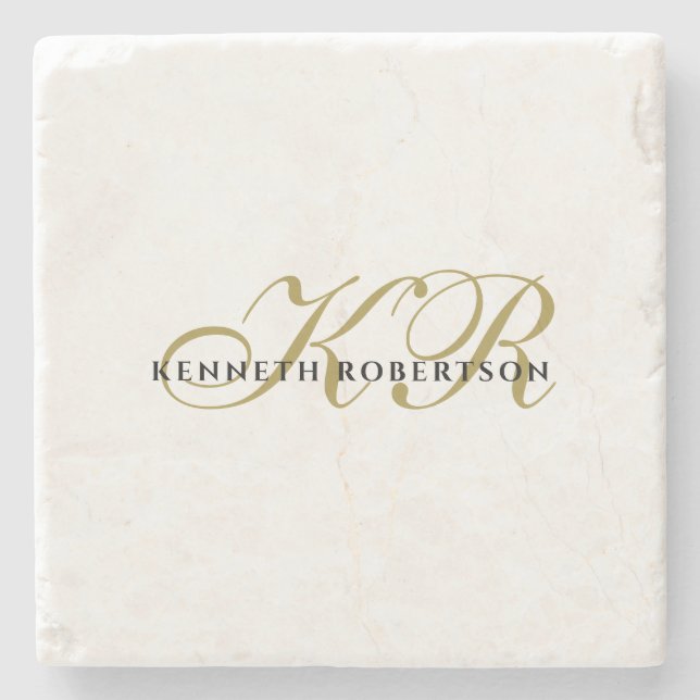  Monogram Name Minimalist Gold black Elegant Men Stone Coaster (Front)
