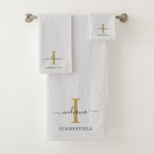 Monogram Name Minimalist Gold Grey Script Bath Towel Set