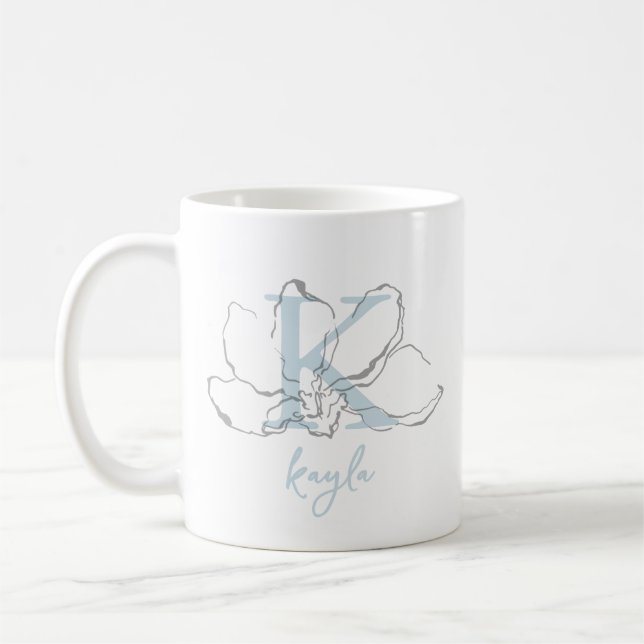 Monogram & Name Minimalist Modern Flower Sketch Coffee Mug (Left)