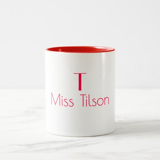 Monogram Name Minimalist Red Modern Teacher Two-Tone Coffee Mug (Center)