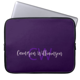 Monogram Name Minimalist Solid Deep Violet Laptop Sleeve