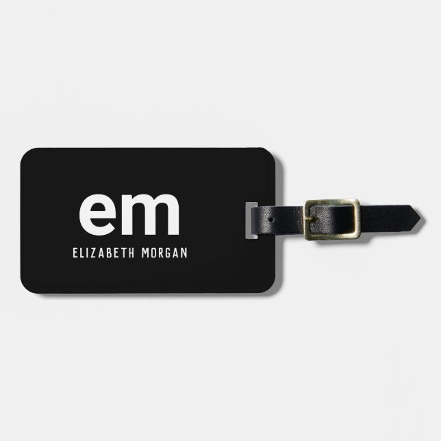 Monogram Name Modern Black White Luggage Tag (Front Horizontal)