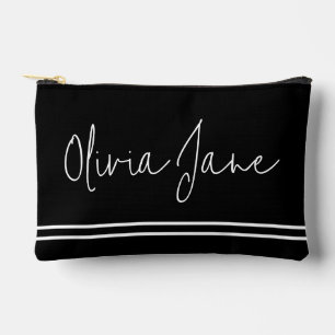 Monogram Name Modern Black White Stripes Accessory Pouch