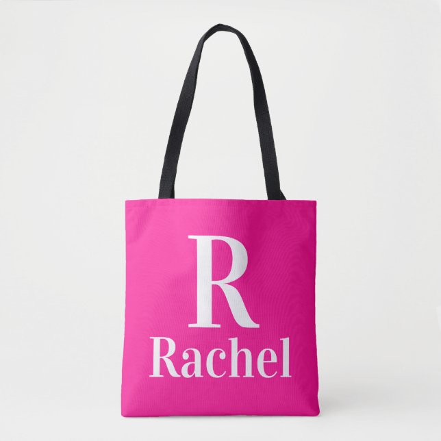Monogram Name Modern Hot Pink Tote Bag (Front)