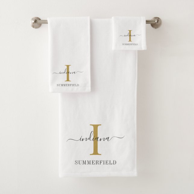 Monogram Name Modern Minimalist Gold Grey Script Bath Towel Set (Insitu)