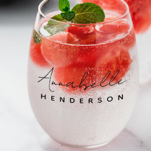 Monogram Name Modern Minimalist Stylish Stemless Wine Glass