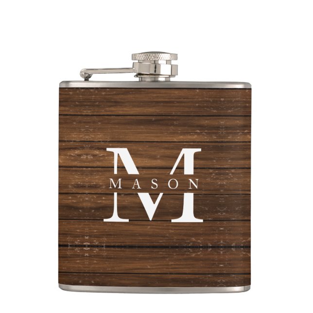 Monogram Name Modern Rustic Wood White Classy Hip Flask (Front)