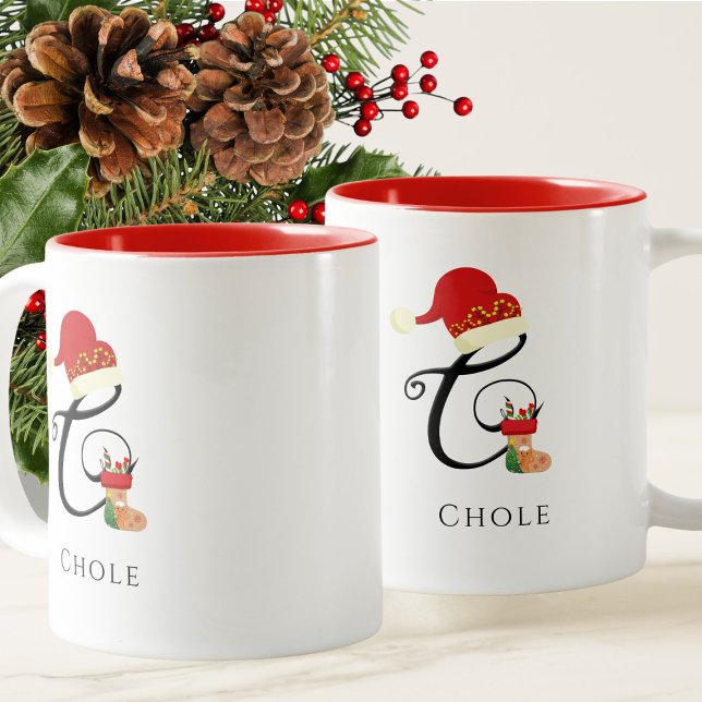 Monogram Name Modern Script Letter C Christmas Two-Tone Coffee Mug (Creator Uploaded)