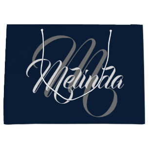 Monogram Name Modern Simply Bridal Grey Navy Large Gift Bag