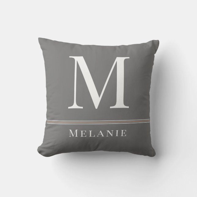 Monogram Name Modern Typography Grey White Peach Cushion (Front)