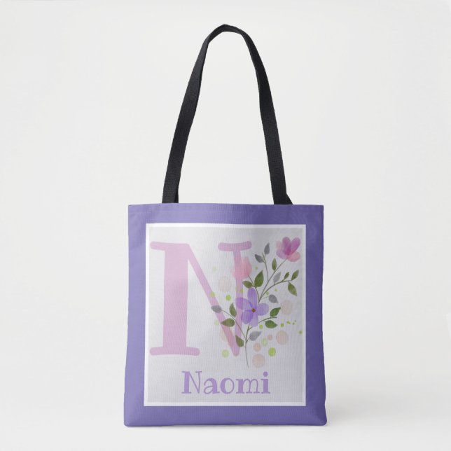 Monogram & Name Naomi with Flowers Tote Bag (Front)
