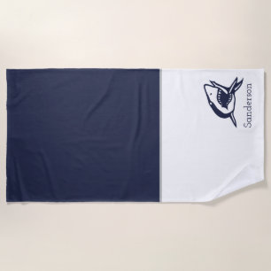 Monogram Name Nautical Shark Navy Blue   white  Beach Towel