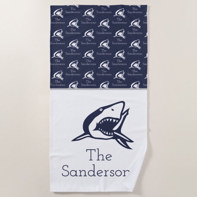 Monogram Name Nautical Shark Navy Blue | white  Beach Towel (Front)