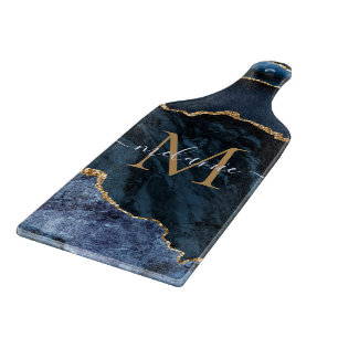 Monogram Name Navy Blue Gold Marble Cutting Board
