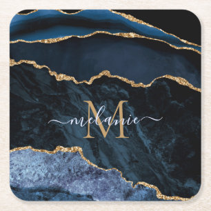 Monogram Name Navy Blue Gold Marble Paper Coaster
