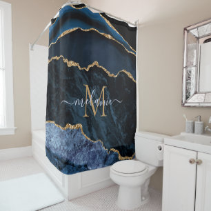 Monogram Name Navy Blue Gold Marble Shower Curtain