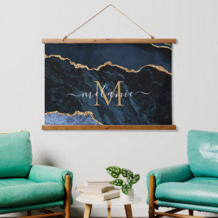 Monogram Name Navy Blue Gold Marble Tapestry