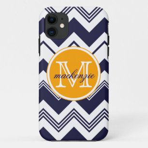 Monogram Name Navy Blue White Chevron Pattern iPhone 11 Case
