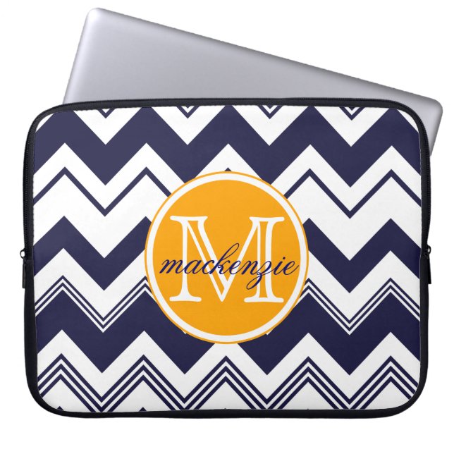 Monogram Name Navy Blue White Chevron Pattern Laptop Sleeve (Front)