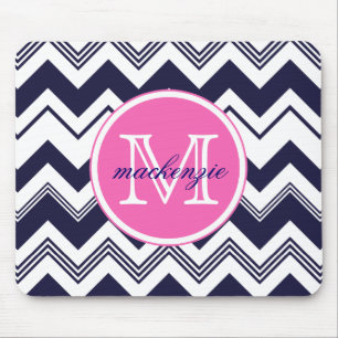Monogram Name Navy Blue White Chevron Pattern Mouse Mat