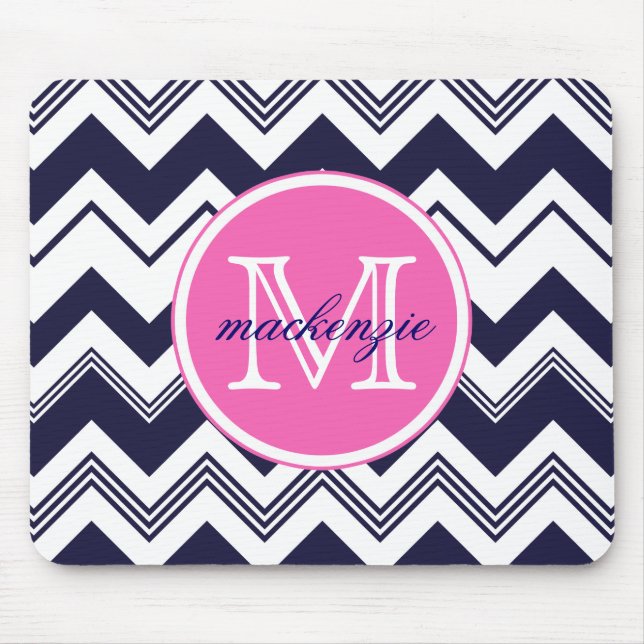 Monogram Name Navy Blue White Chevron Pattern Mouse Mat (Front)